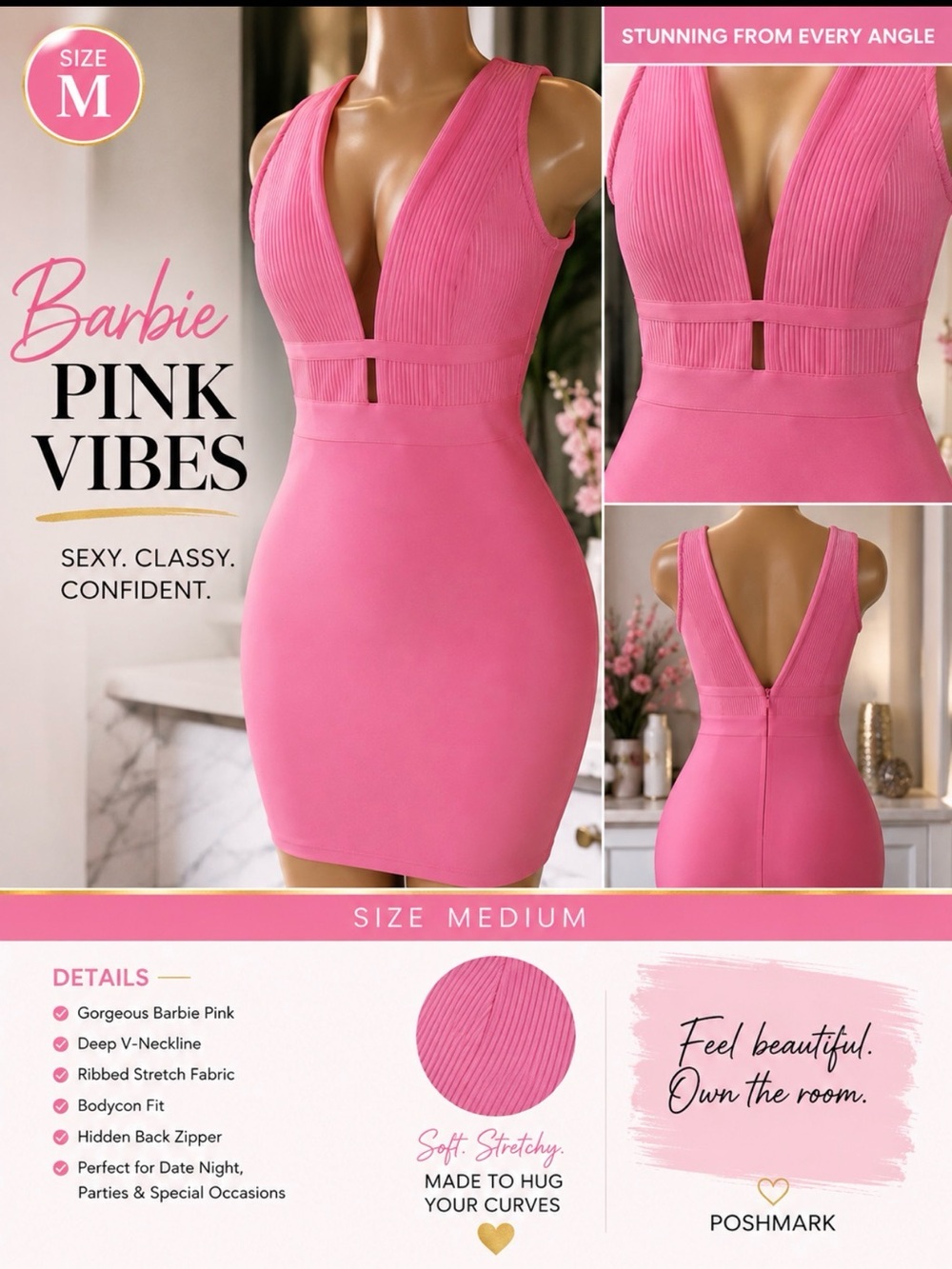 Barbie Hot Pink Deep V Bodycon Mini Dress